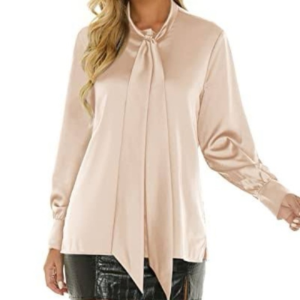 Escalier Pale Pink Tie Neck Long Sleeve Silky Blouse Size Medium - Picture 3 of 13